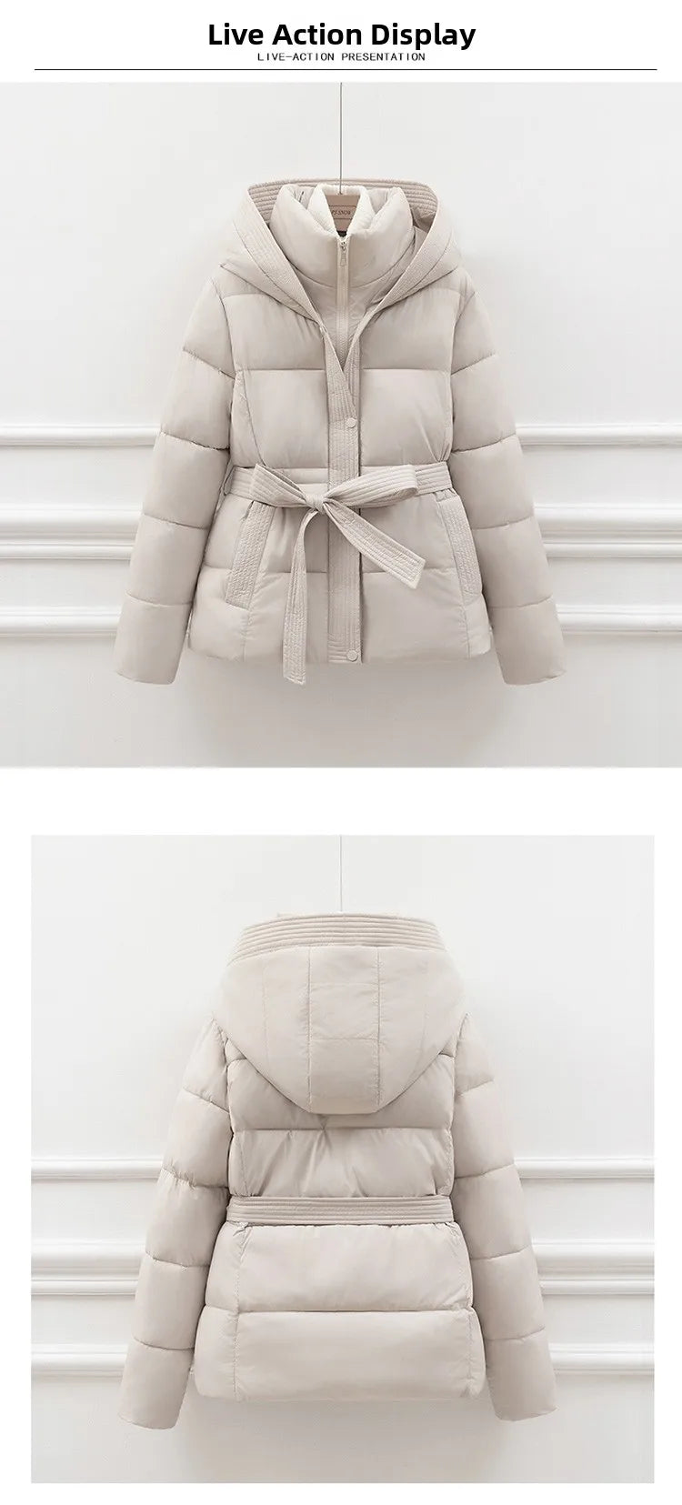 Slimming Cotton Down Jacket for Women | Hooded Winter Coat with Drawstring Waist | Lightweight Warm Outerwear