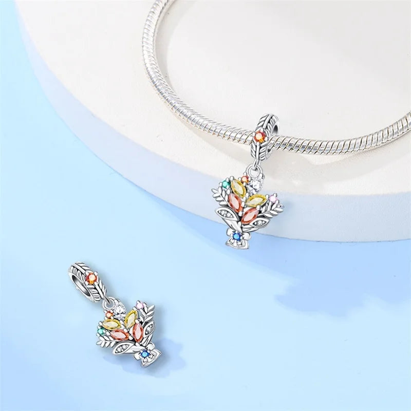 925 Sterling Silver Squirrel & Maple Leaf Charm | Shiny Zircon Autumn Beads Fit Pandora Bracelet DIY Jewelry
