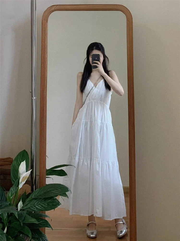 Women’s White V-Neck Backless Strap Dress – Summer Fairy Beach Vacation Long Skirt, Elegant Loose Waist Gown