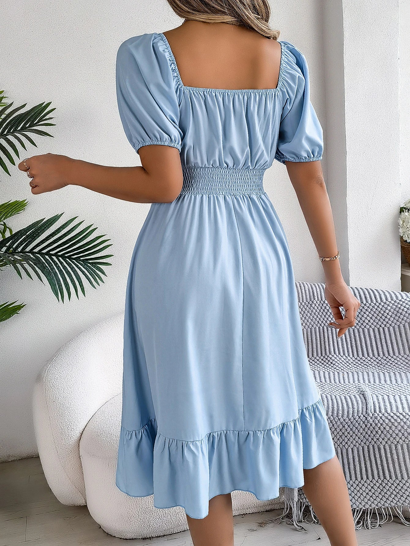 2026 Women’s Elegant High-Waisted Dress – Square Neck, Short Sleeve, Ruffled Edge Long Dress | Spring Summer Valentine’s Day