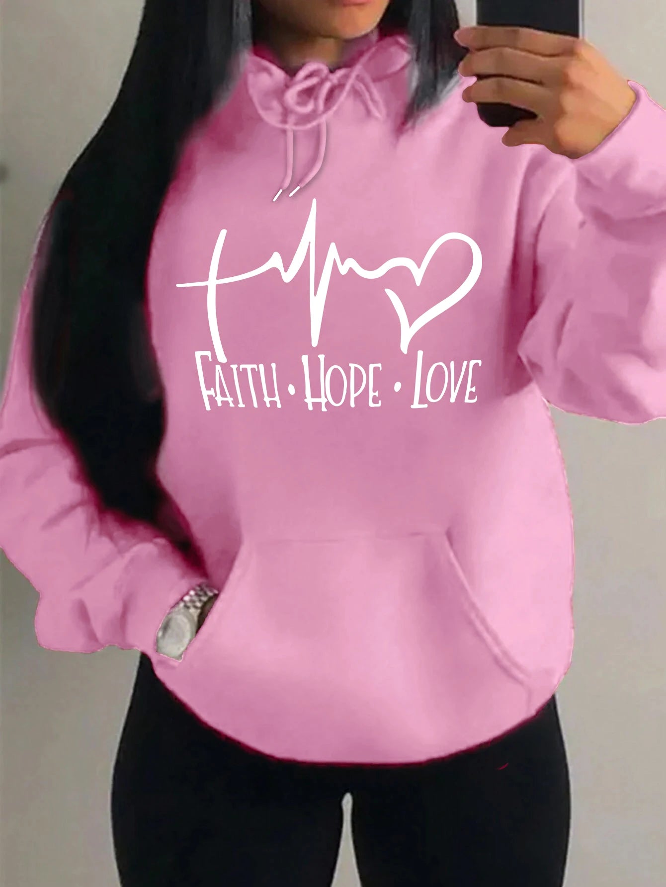 Faith Hope Love Letter Graphic Women’s Hoodie – Casual Loose Streetwear Fleece Pullover Autumn Top