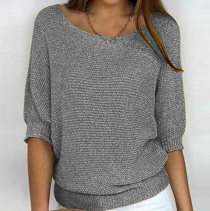 Women's Solid Color Knitted Sweater Pullover | Elegant Winter Round Neck 3/4 Sleeve Top