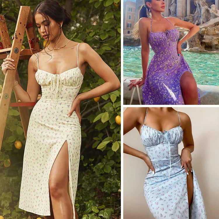 Womens Bandage Pleated Floral Dress Summer Clothes Aesthetic Clothing Elegant Party Sleeveless Backless Spaghetti Strap Dresses
