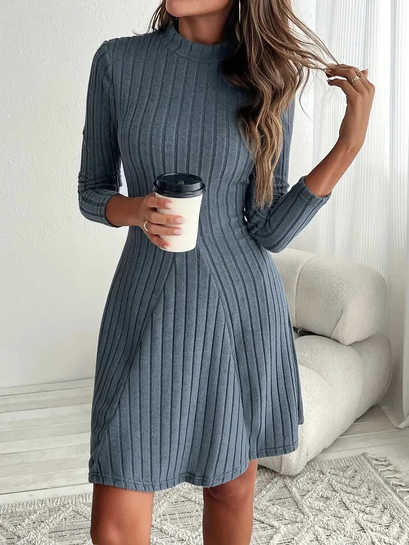 Women’s Slim Fit Half High Collar Dress – Waist Cinched A-Line Pit Stripe Long Sleeve Elegant Autumn Winter Dress