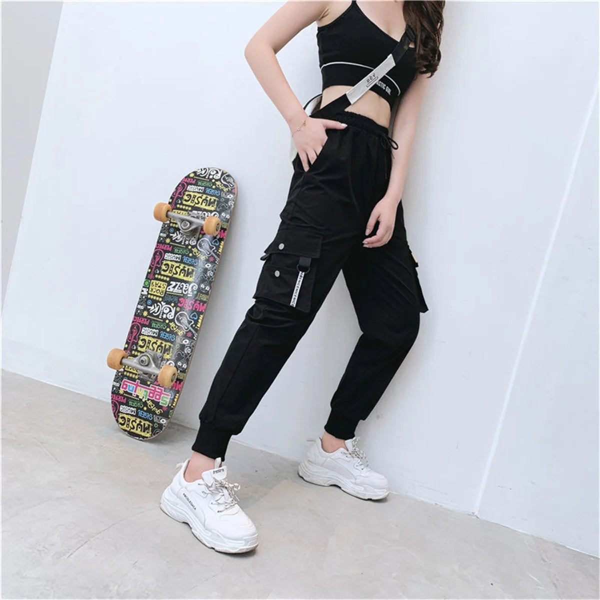 Black Cargo Pants for Women | High Waist Loose Joggers | Korean Hip Hop Streetwear Trousers
