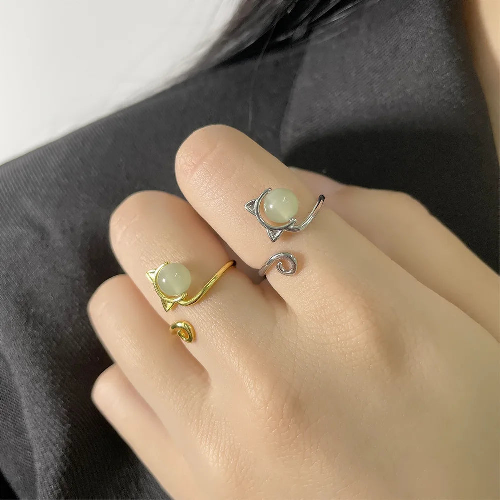 PANJBJ 925 Sterling Silver Hotan Jade Geometric Adjustable Ring | Retro Delicate Jewelry Gift for Women