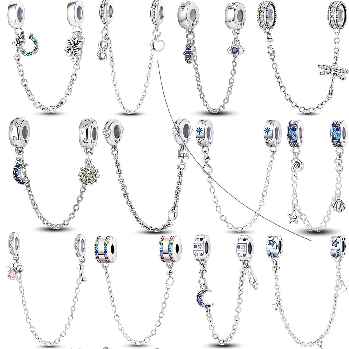 925 Sterling Silver Star Moon Safety Chain Charm | Pandora Fit Jewelry