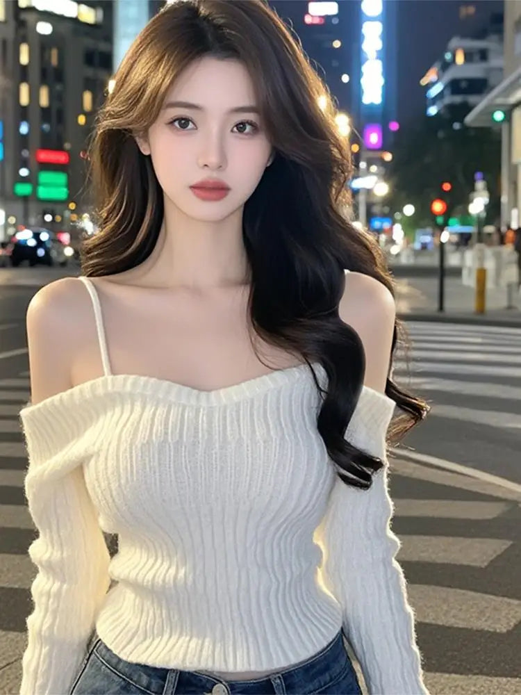 Sexy One-Shoulder Knitted Sweater for Women | Slim Fit Korean Style Long Sleeve Top | Spring 2025 Fashion Pullover