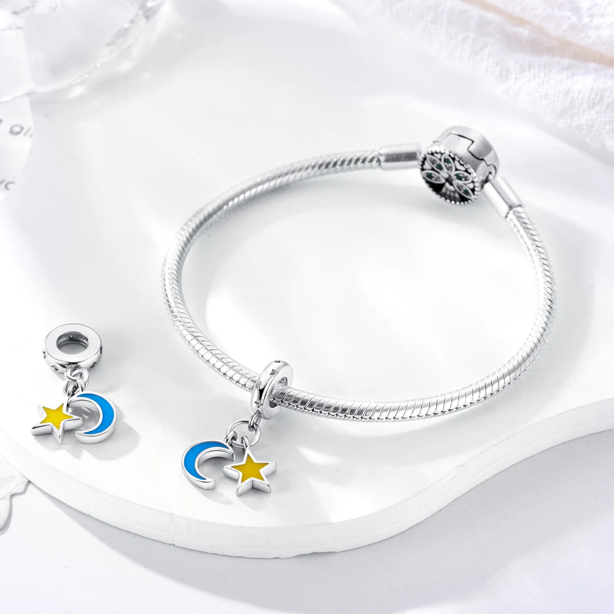 Silver Plated Colorful Glowing Moon & Stars Rainbow Dangle Charms | Fit Original Bracelet & Necklace | Women’s Jewelry Beads