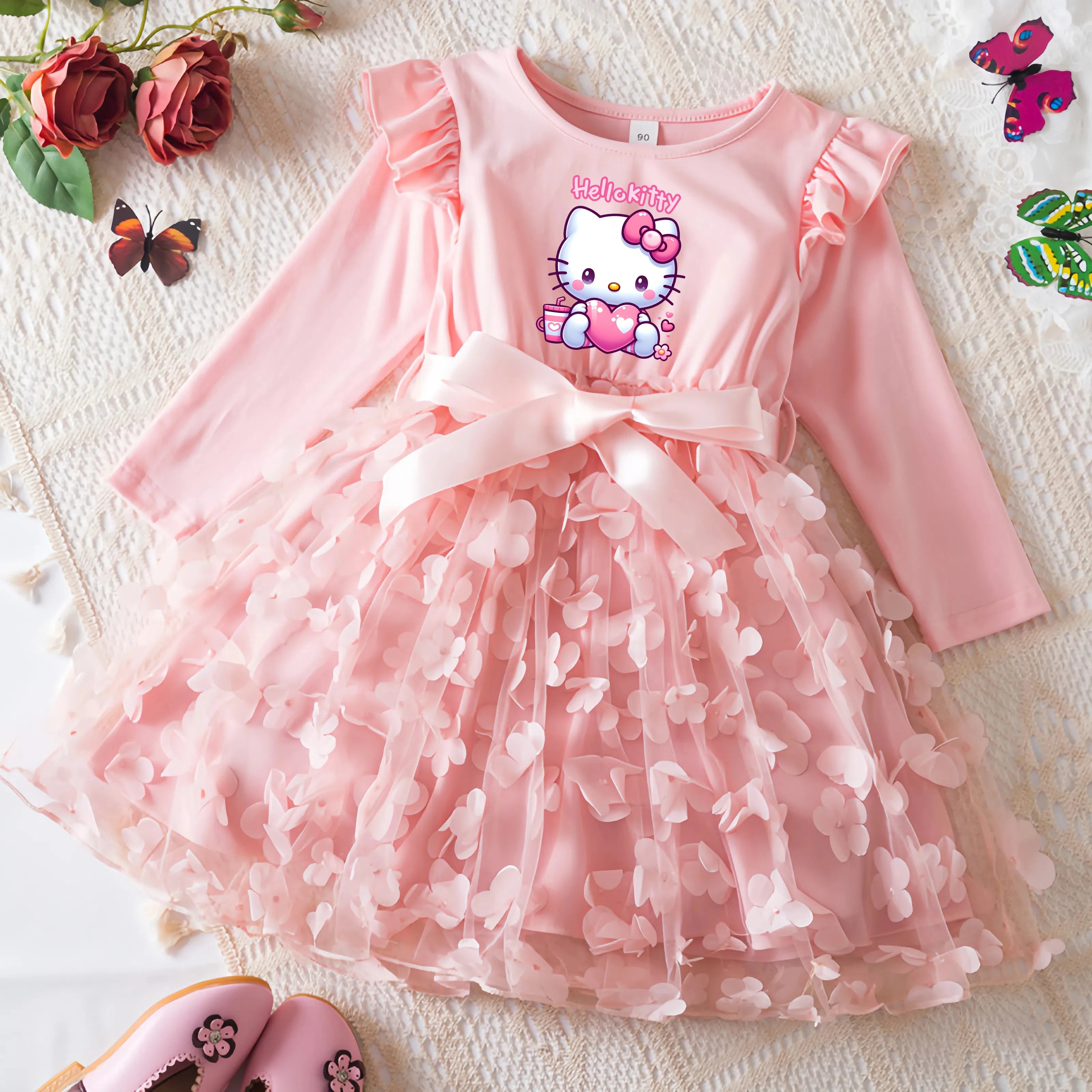 Hello Kitty Fall Girl Dress 3D Butterfly Casual Dresses Kids Birthday Princess Dress Long Sleeve Baby Girls Clothes 2-6Y
