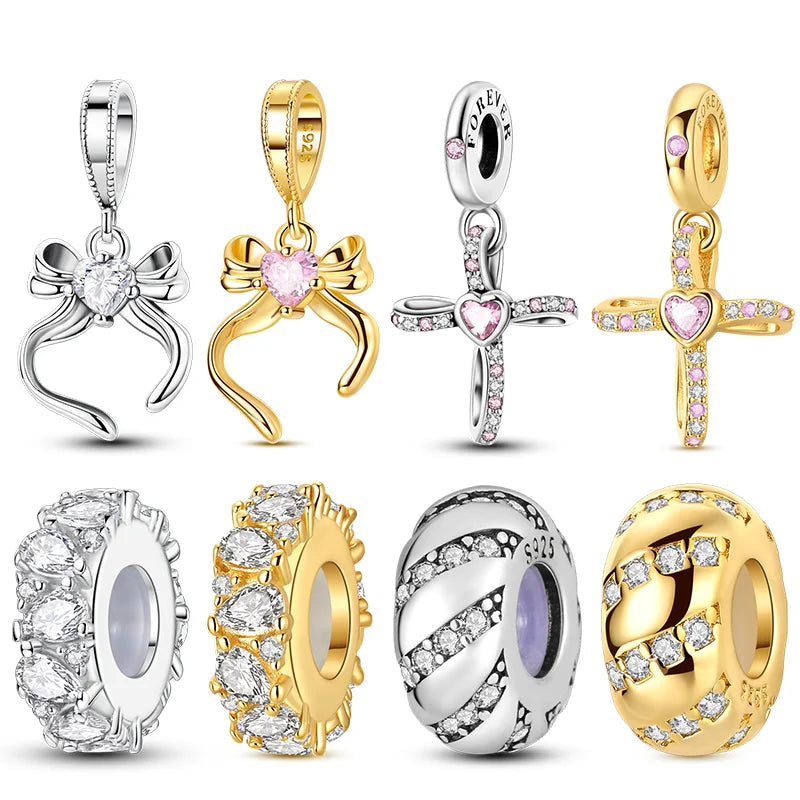 925 Sterling Silver Golden Charms Bow Cross Earth Passport Dangle | Fits Original Bracelet DIY Jewelry Gift for Women