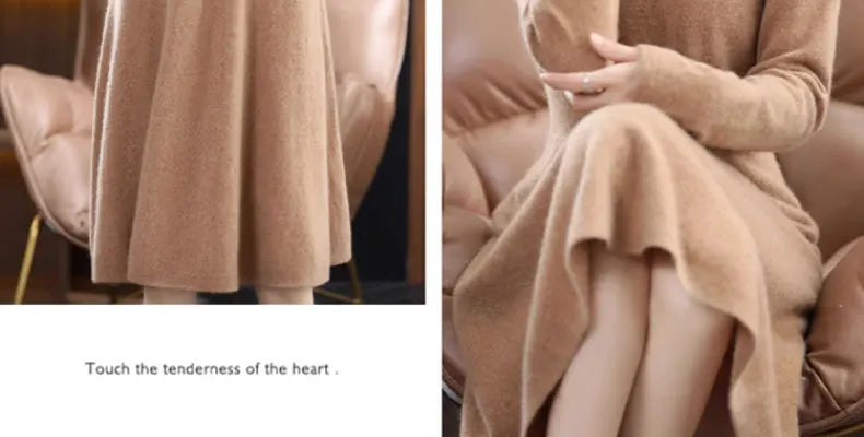 Women’s Mid-Length Knitted Wool Dress – High Collar Long Sleeve Casual Autumn Commute Dress for Ladies