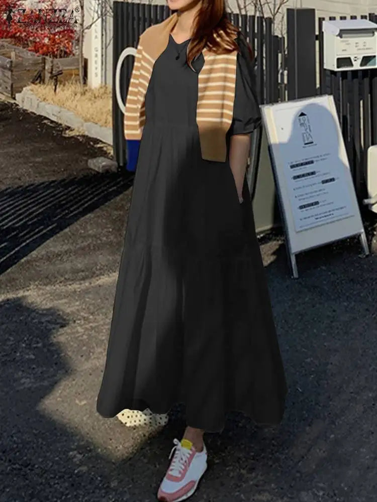 Elegant Solid Summer Dress for Women – ZANZEA 2023 Casual Short Sleeve Maxi Vestidos | O-Neck Oversized Robe Femme