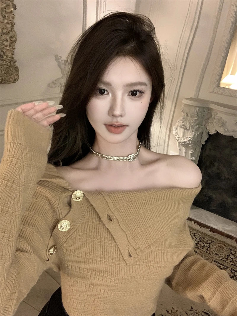 Ele Gold Button Knitted Shoulder-Bared Sweater – Slim Fit Crew Neck Long Sleeve Women Top | Spring Autumn