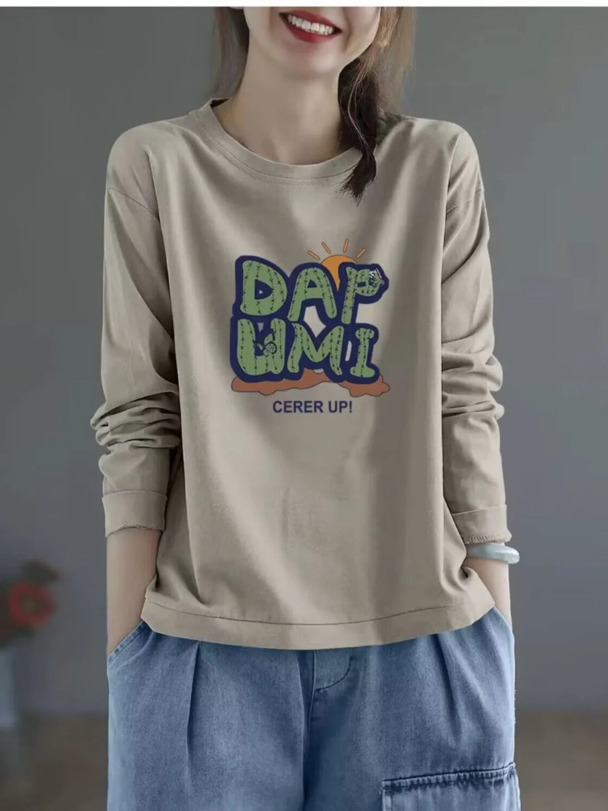 100% Cotton Long Sleeve T-Shirt | Women’s Casual Loose Slimming Top | Autumn Round Neck Fashionable Tee