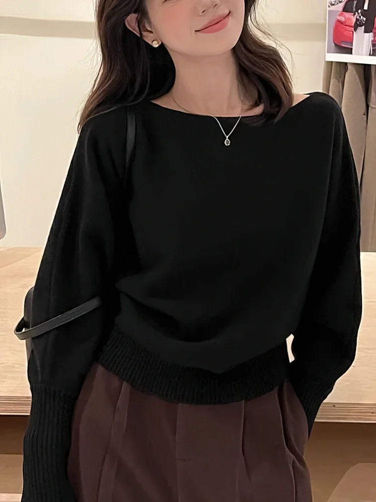 Batwing Long Sleeve Knitted Pullover for Women – Thick Off-Shoulder Korean Fashion Sweater