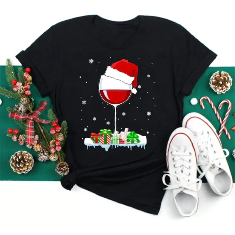 Women’s Christmas Wine Glass T-Shirt | Funny Holiday Black Tee Xmas Gift Top 2025