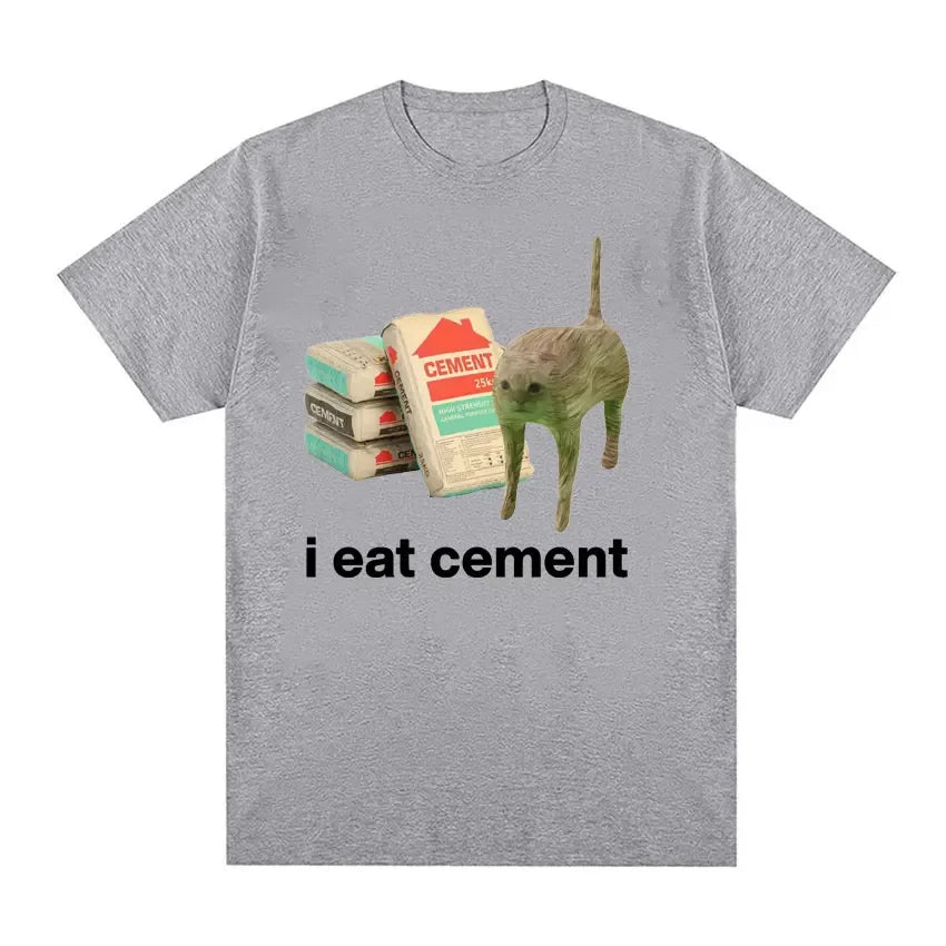“I Eat Cement” Cursed Cat T-Shirt | Funny Meme Women’s Short Sleeve Casual Top