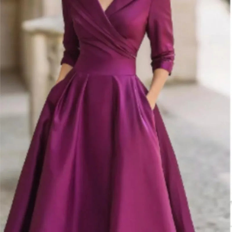 Elegant Solid Color V-Neck Waist Cinching Dress – Autumn Winter Women’s Long Sleeve Sexy Dress with Pockets | Ropa Mujer