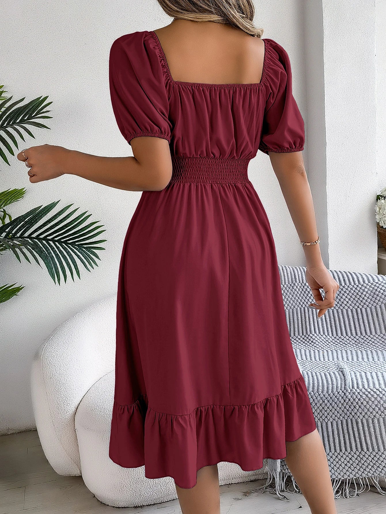 2026 Women’s Elegant High-Waisted Dress – Square Neck, Short Sleeve, Ruffled Edge Long Dress | Spring Summer Valentine’s Day