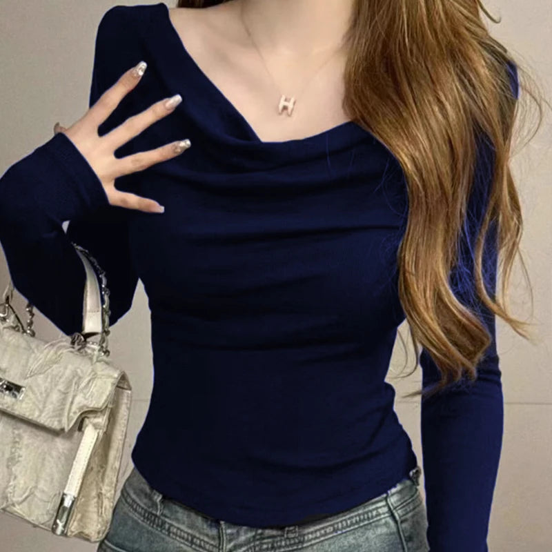 Spicy Girl One-Shoulder Long Sleeve T-Shirt for Women – Slim Fit Knitted Cotton Inner & Outer Wear Top | INS Youth Commute Style