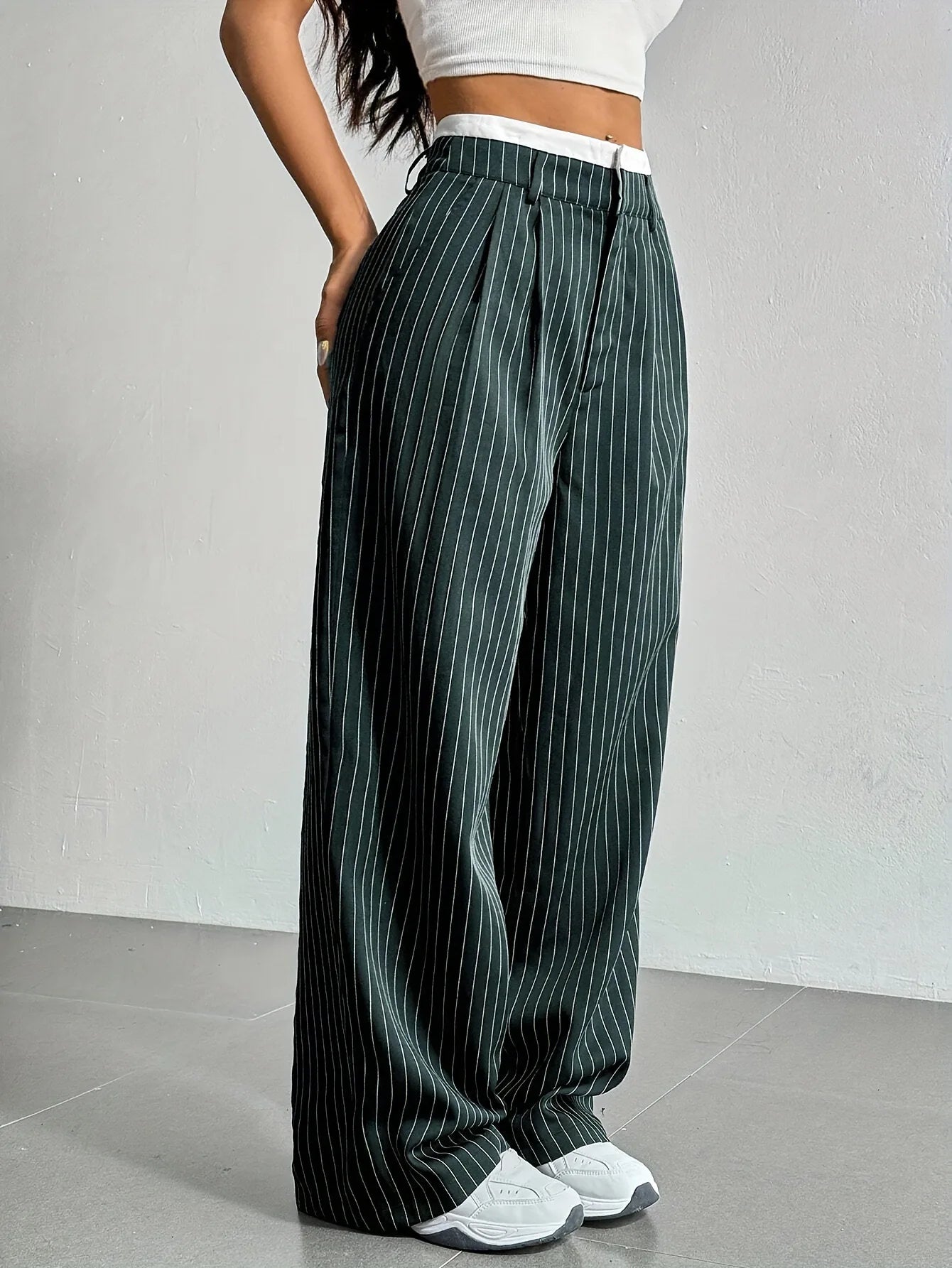 Women’s High Waist Straight Leg Pinstripe Trousers | Office & Casual Striped Dress Pants with Pockets
