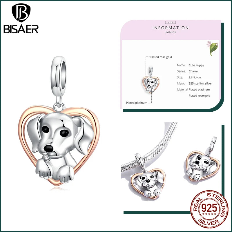 BISAER 925 Sterling Silver Dog Charm | Cute Dachshund Pet Bead Pendant for Women’s DIY Bracelet Jewelry