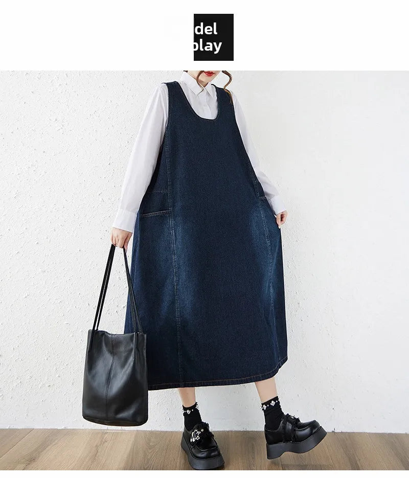Loose Korean Style Plus Size Denim Vest Skirt – High Waist Over-Knee Slimming Cotton Jeans Corset Casual Dress for Women