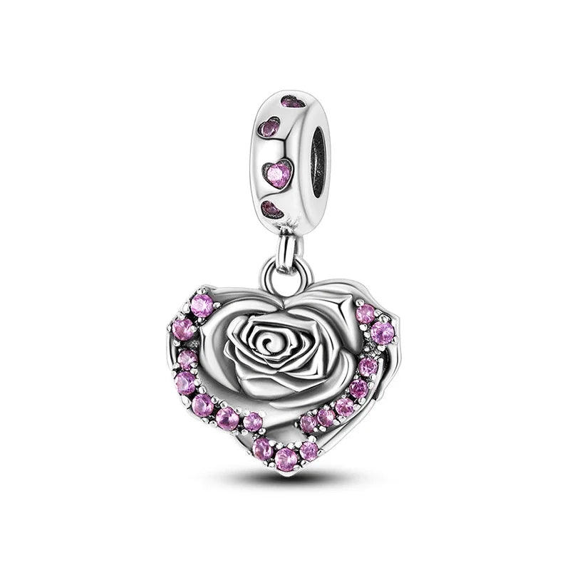 925 Sterling Silver Heart Shaped Warm Family Charm Beads Butterfly Flower Pendant