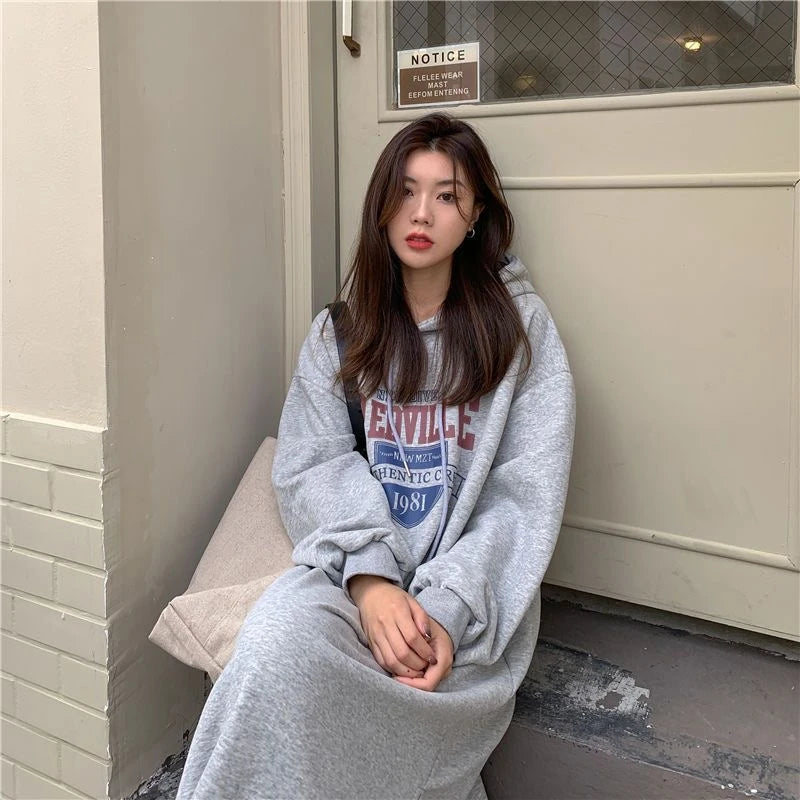 Winter Thiened Fleece Sweatshirt Dress – Printed Midi Skirt Hoodie Dress, Lazy Long Sleeve Outerwear for Young Women