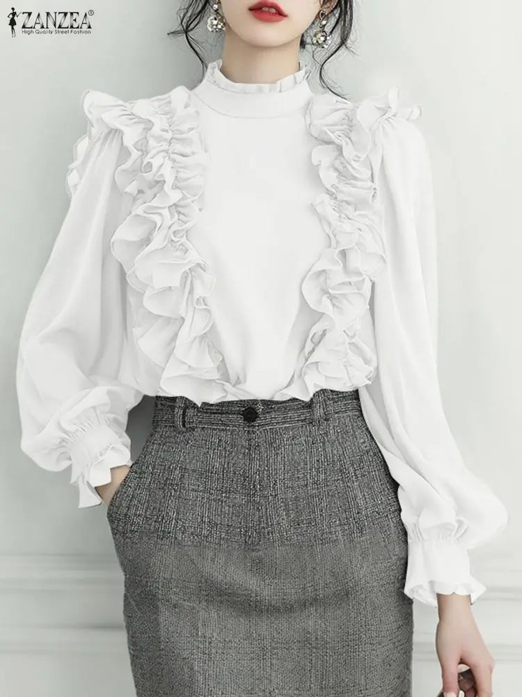 ZANZEA Stylish Ruffled Blouse – Women’s Long Sleeve Stand Collar OL Office Shirt 2025 👚✨
