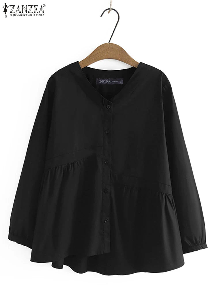2025 ZANZEA Women’s Autumn Blouse – Casual V-Neck Long Sleeve Solid Button-Up OL Work Shirt 👚🍂