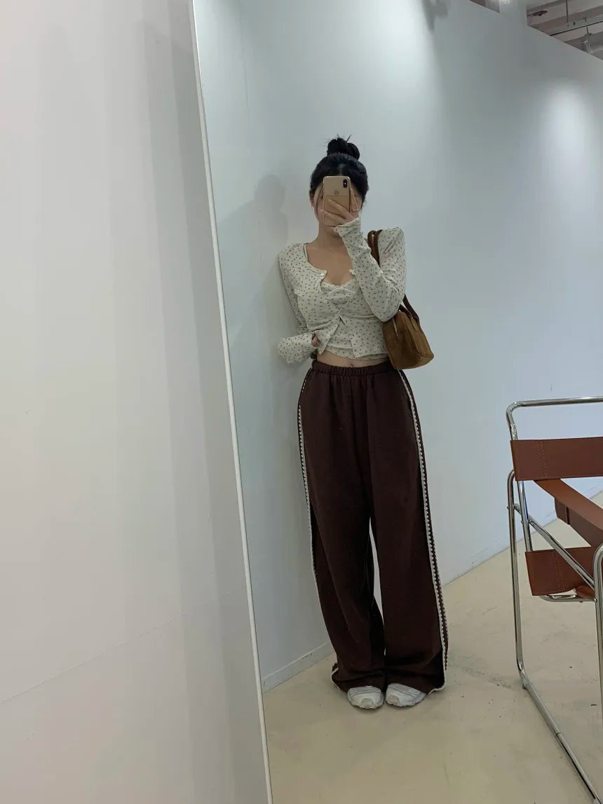 Chic Autumn Winter Loose Casual Pants – Color Block Side Stripe Floral Women Sweatpants Long Trousers