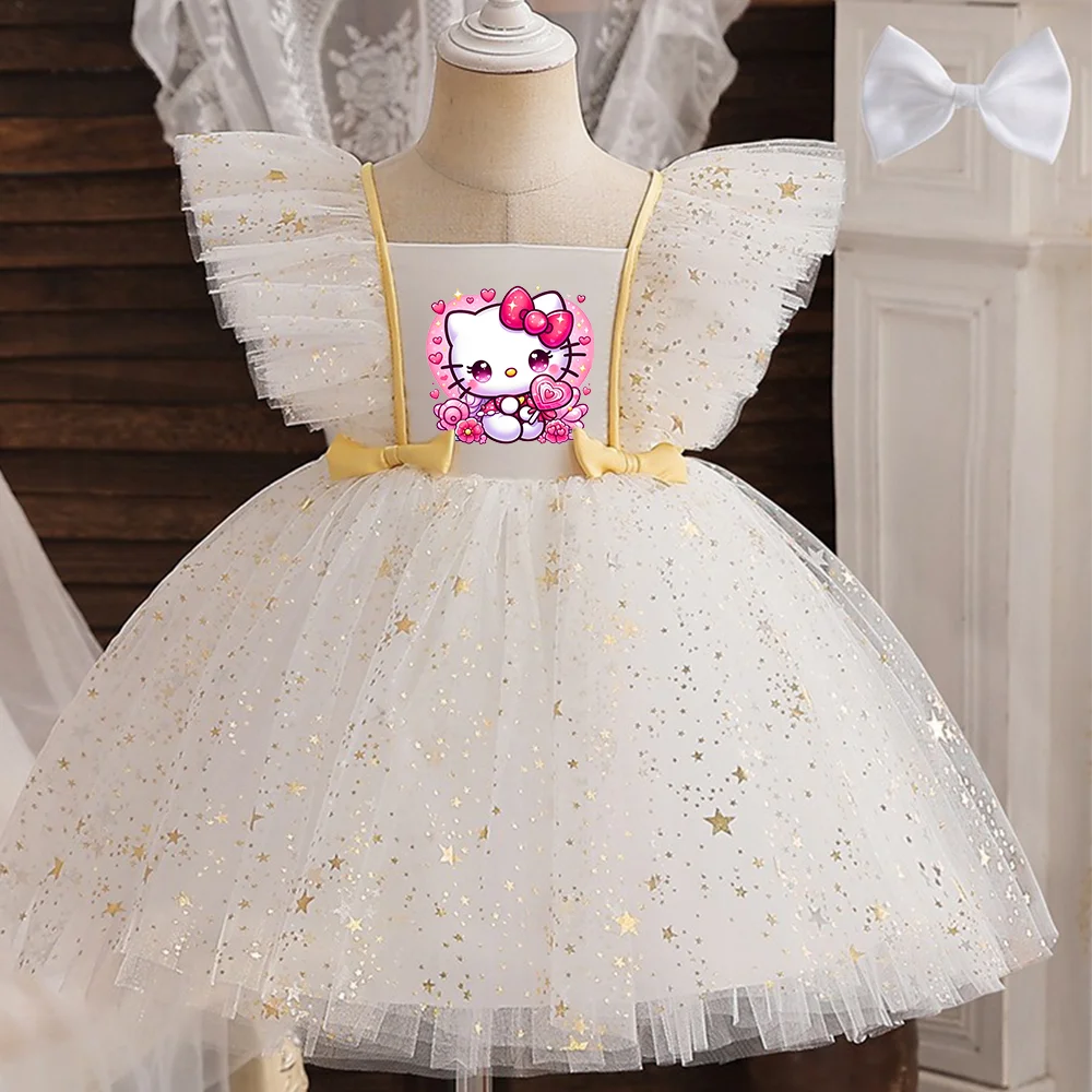 ✨ Hello Kitty Princess Dress for Girls 👑 Sequined Star Tutu Gown 🎀 Ruffle Bow Kids Party & Prom Dress