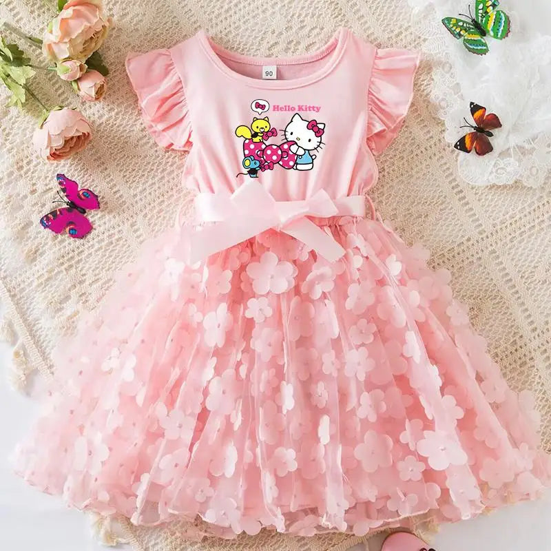 Hello Kitty Girls Tulle Flower Princess Dress | Wedding & Party Tutu Dress | Sleeveless Birthday Gift Outfit