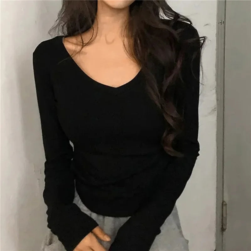 2024 Sexy V-Neck Long Sleeve T-Shirt for Women | Elastic Thin Solid Top for Spring & Autumn