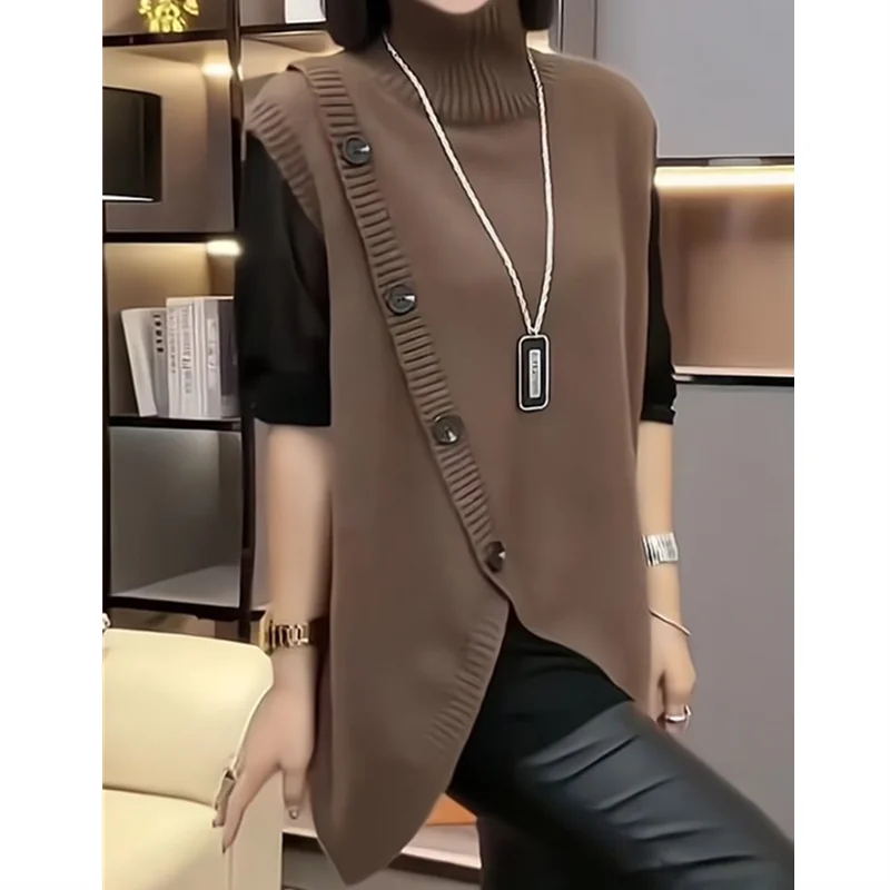 Women’s Sleeveless Long Sweater Vest | Vintage Irregular Spliced Button Knitwear | Elegant Turtleneck Loose Pullover
