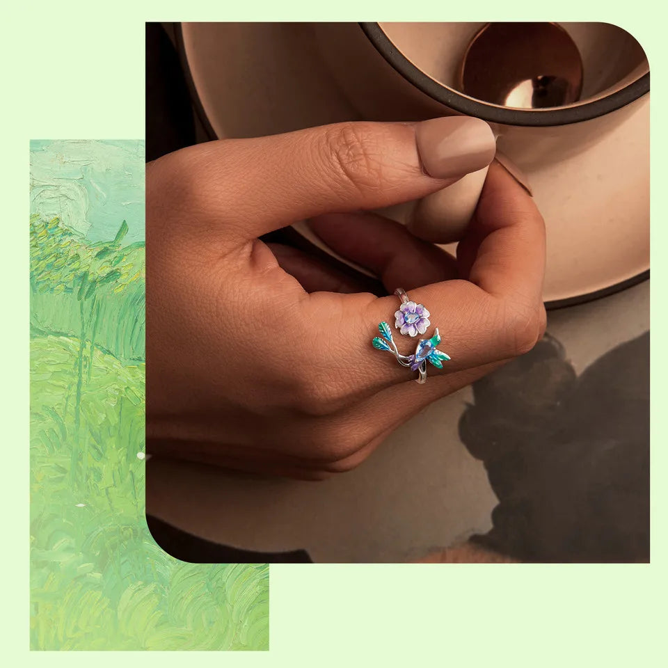 BISAER 925 Sterling Silver Floral Bird Open Ring | Adjustable White Gold Plated Flower Band for Women – Fine Party Jewelry