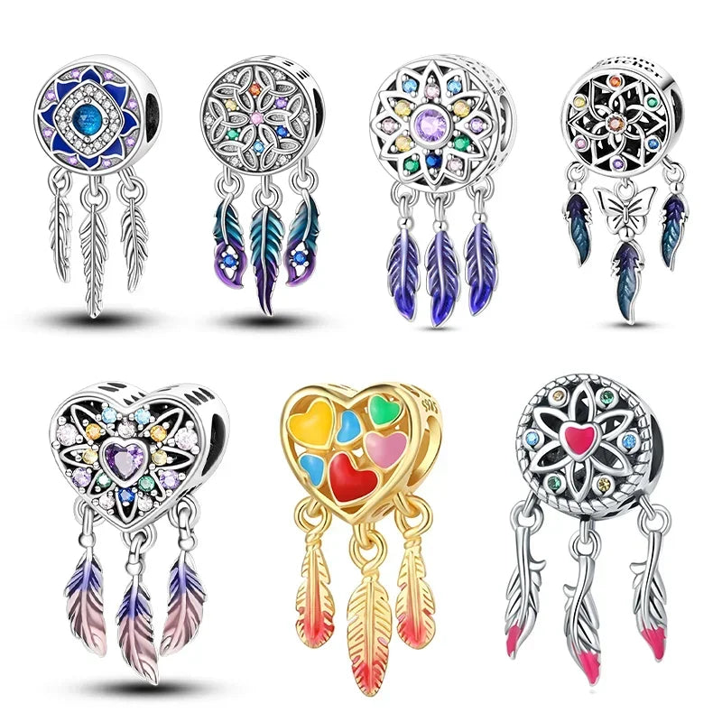 925 Sterling Silver Colorful Zircon Heart Dreamcatcher Charm – Feather Beads Fit Original Pandora Bracelet DIY Jewelry Gift for Women