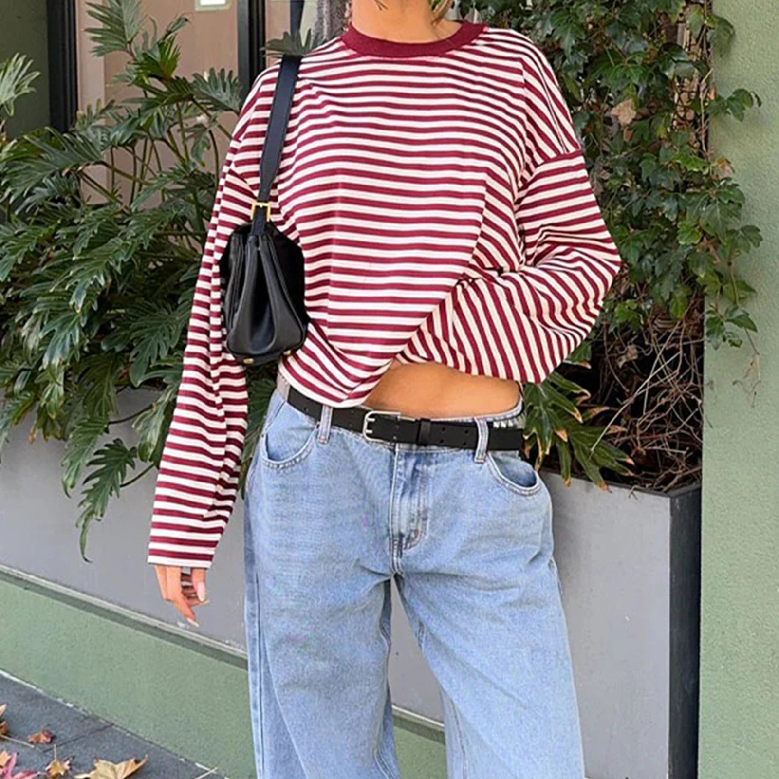 2025 Women's Retro Striped T-Shirt | Long Sleeve Crew Neck Top | Loose Fall Casual Streetwear