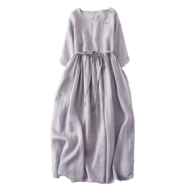 Elegant Embroidered Cotton Linen Long Dress – Women's Loose Waist Slimming Age-Defying Skirt, Spring, Summer & Autumn Fashion
