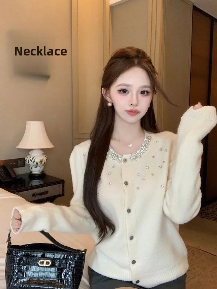 Heavy-Embroidered Diamond Women’s Sweater Cardigan – Soft Cozy Round Neck High-End Outerwear
