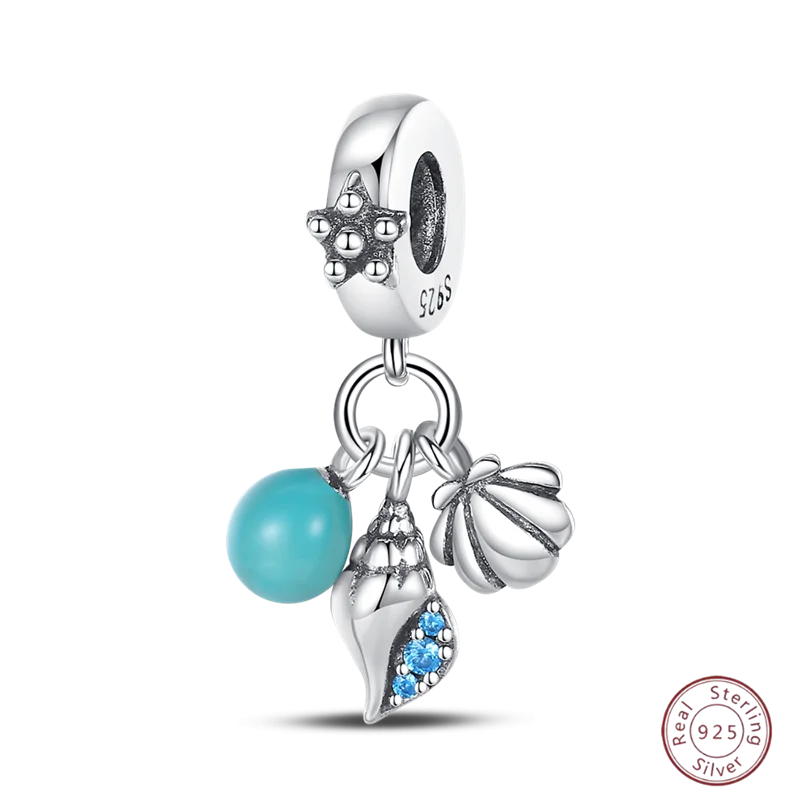 925 Sterling Silver Blue Zircon Ocean Shell Beaded Pendant | Fit Original 3mm Bracelet Women’s Fine Jewelry