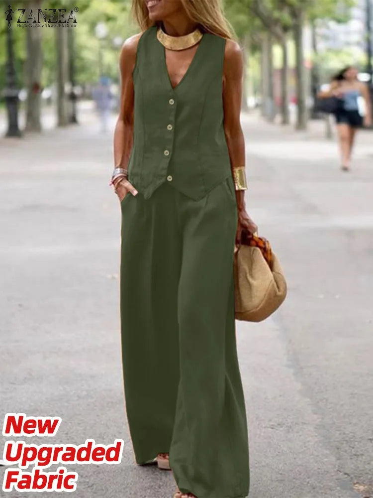 ZANZEA 2025 Elegant Women’s Two-Piece Set – Solid Color Wide Leg Pants & Vest Top Plus Size 👩‍💼✨
