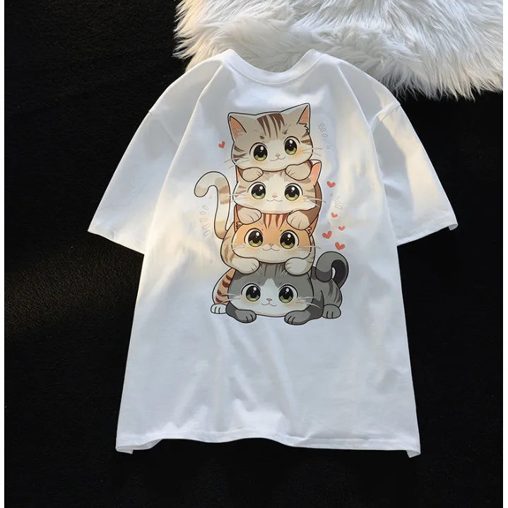 Cute Cartoon Cat Print Women’s T-Shirt – Round Neck Short Sleeve Casual Summer Tee 😻👕