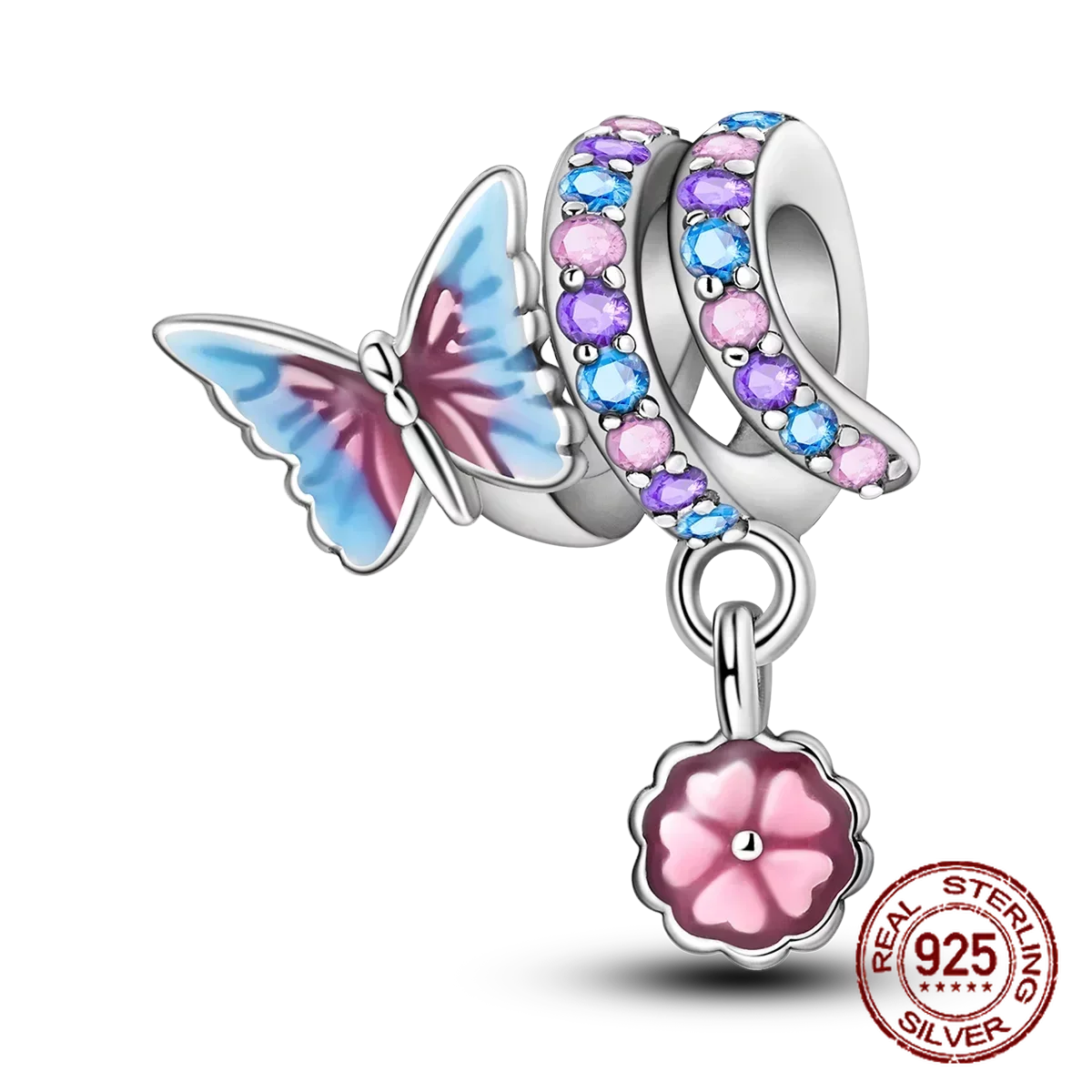 925 Sterling Silver Purple Flower & Butterfly Dangle Charm | Bead for 4MM Bracelet or Necklace DIY Jewelry Gift
