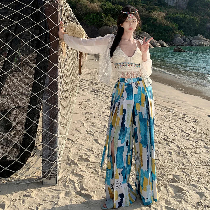 Vacation Style High Waist Wide Leg Pants – Thin Long Ethnic Print Pants for Beach & Holiday Wear