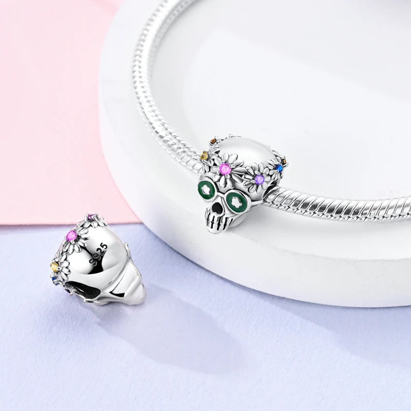 Halloween 925 Sterling Silver Charms | Pumpkin Skeleton Witch Bat Beads for Bracelet DIY Jewelry