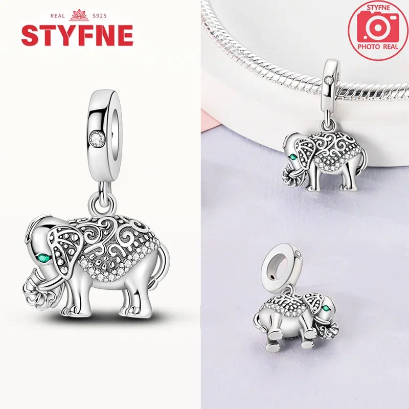 925 Sterling Silver Colorful Zircon Elephant Dangle Charm – Fits Original Pandora Bracelet DIY Fine Jewelry Gift for Women