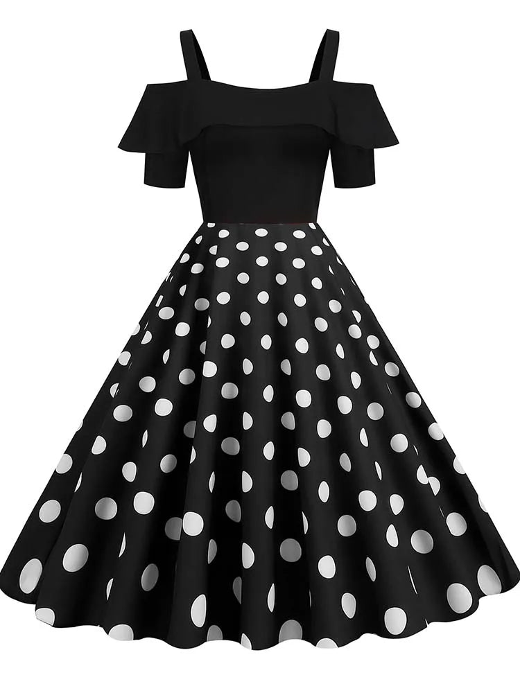 Off-Shoulder Elegant Vintage Party Dress – Women’s Summer Polka Dot Ruffles A-Line Midi Dress